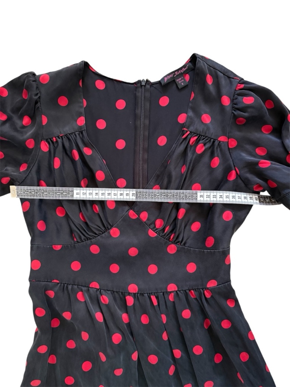Vintage Betsey Johnson 100% Silk Black Red Polka Dot Puff Sleeve Dress - Picture 13 of 16